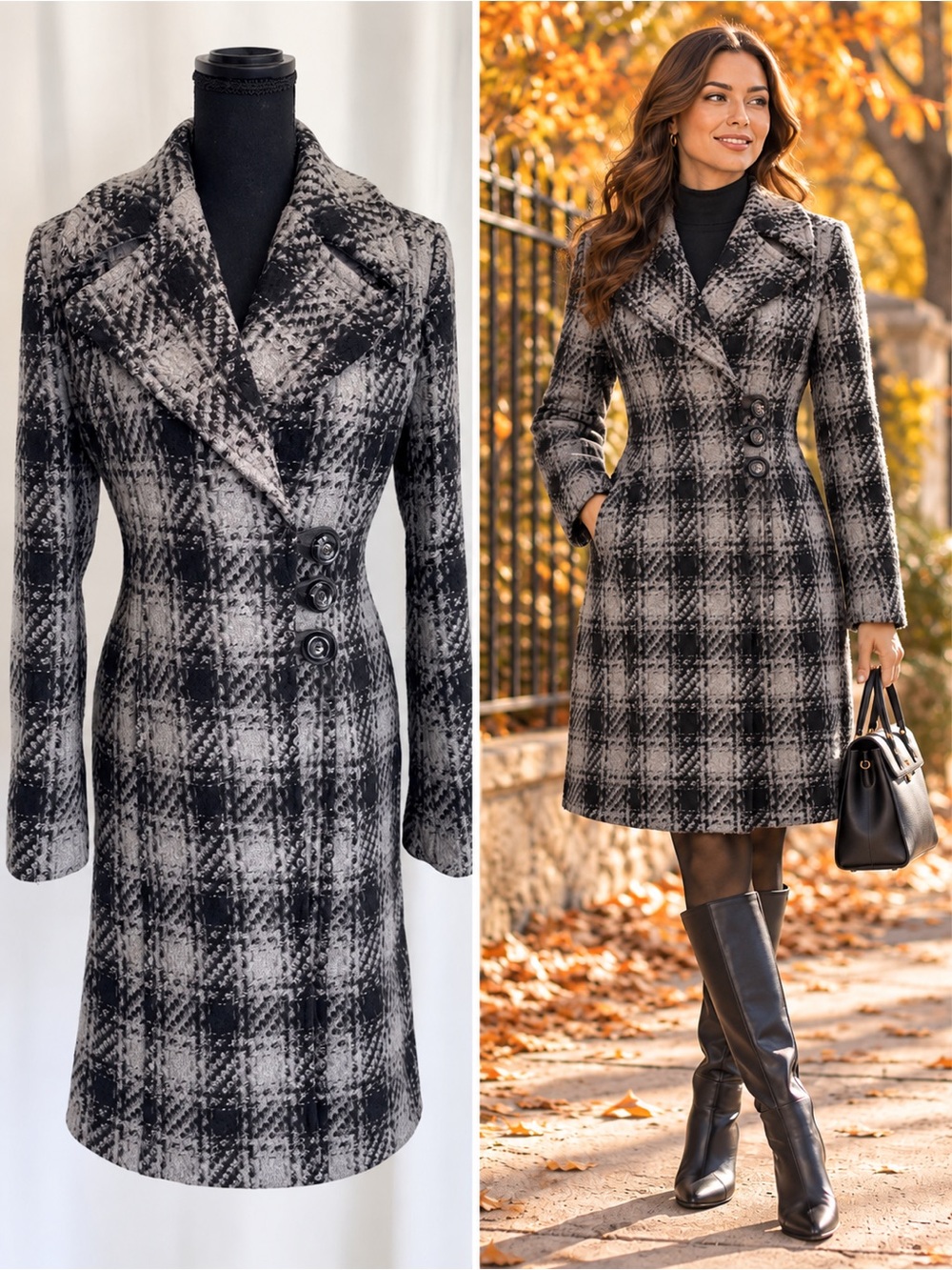 RW & CO Black and gray wool plaid check fall winter coat Sz S